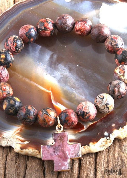 Boho Bracelet, RH Natural Stones Pink Cross